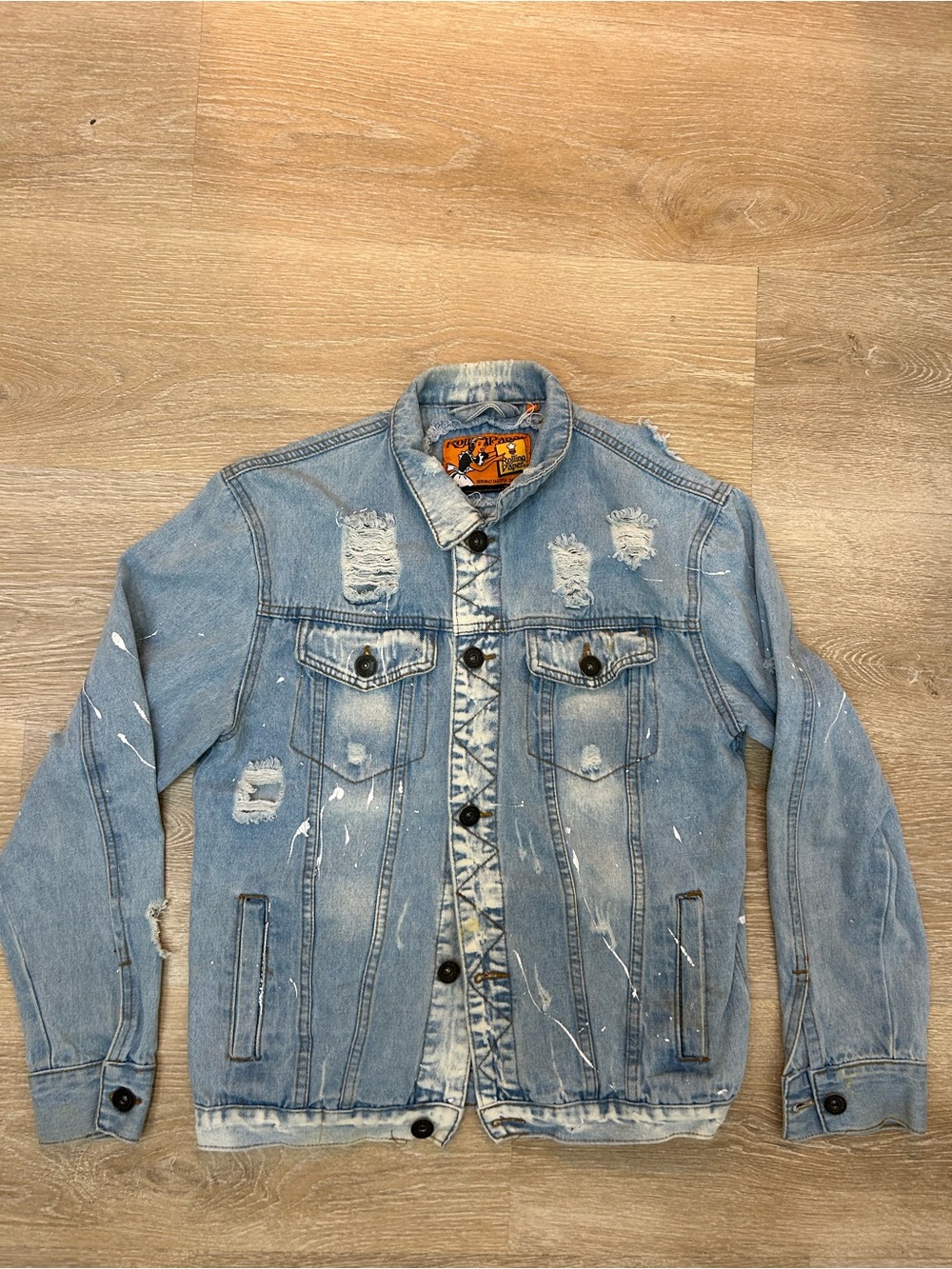 Rolling Paper Size M Denim Jean Jacket Distressed Paint Splatter Bleached Ripped
